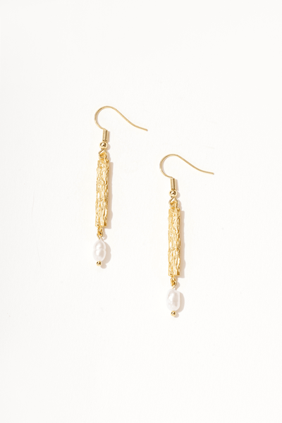 18k Textured Gold Pearl Drop Earrings