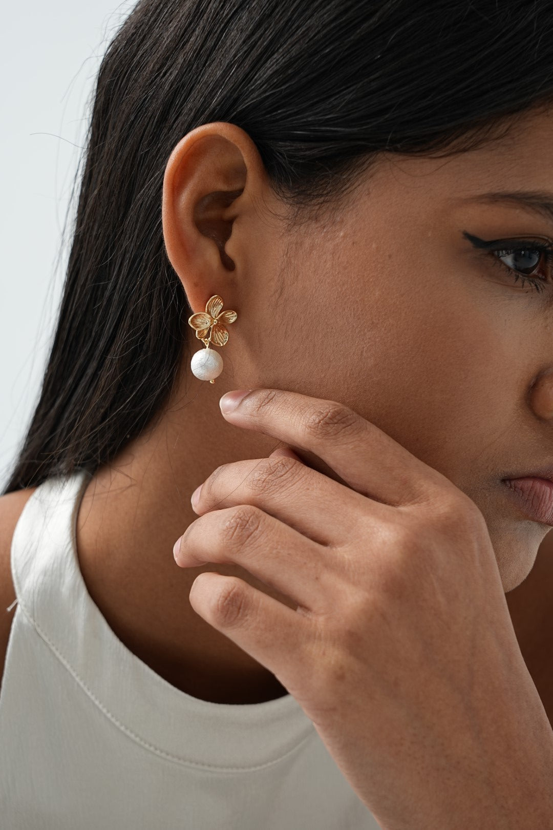 Floral Snowflake Glitter Pearl Drop Earrings