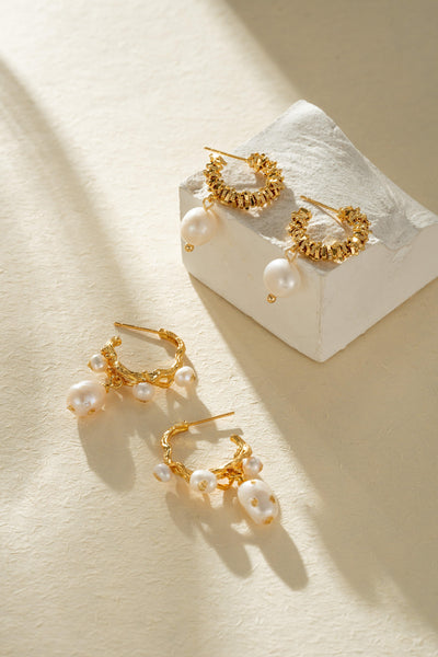 Evanya 18k Gold Huggie Pearl Earrings