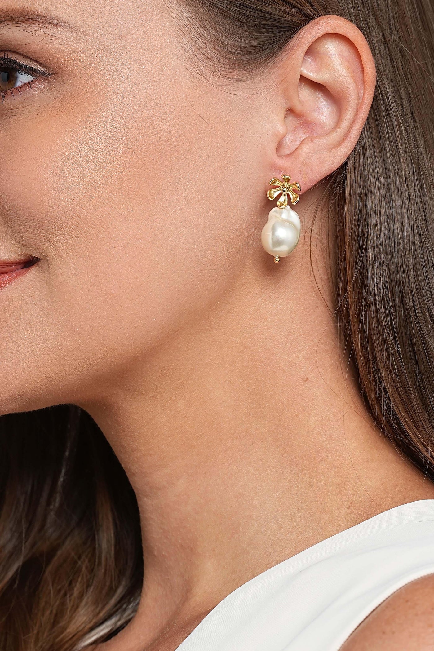 Floral 18K Gold Baroque Pearl Drop Earrings