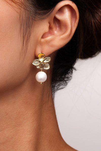 Floral Snowflake Glitter Pearl Drop Earrings