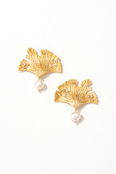 Ginkgo Leaf Pearl Drop Earrings