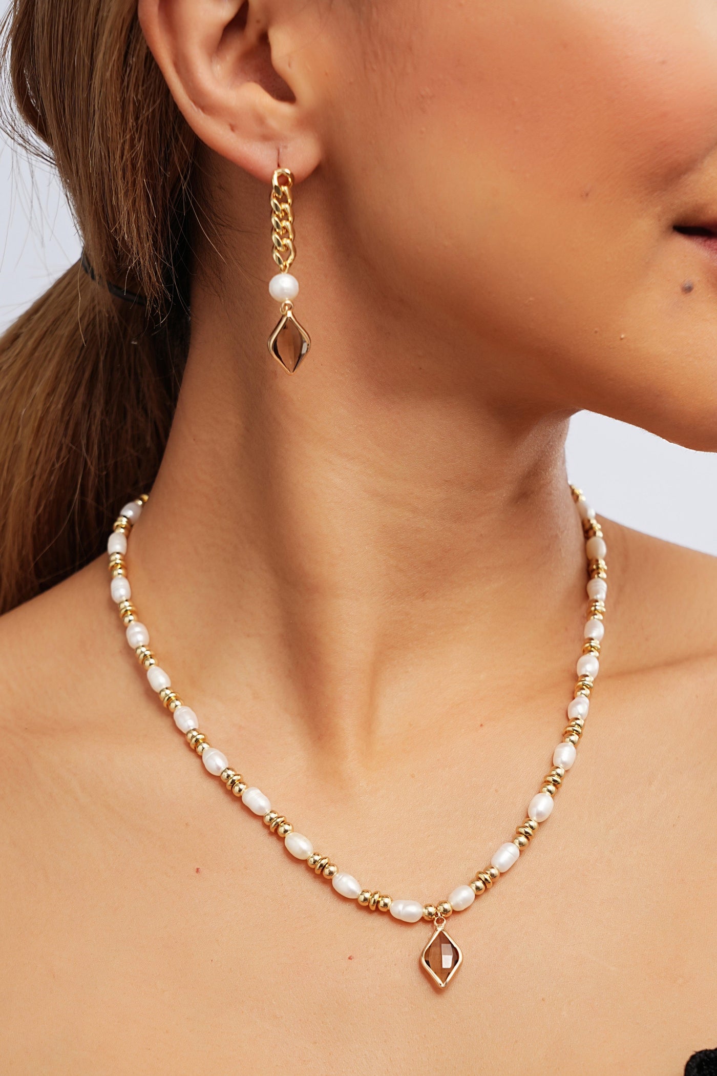 Kiana Crystal Drop Pearl Beaded Necklace